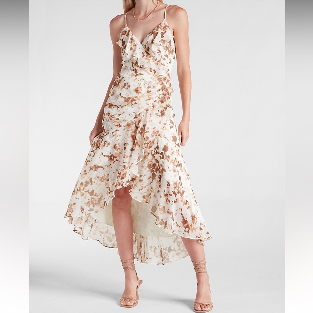 EXPRESS Printed Ruffle Wrap Hi Low Maxi Dress